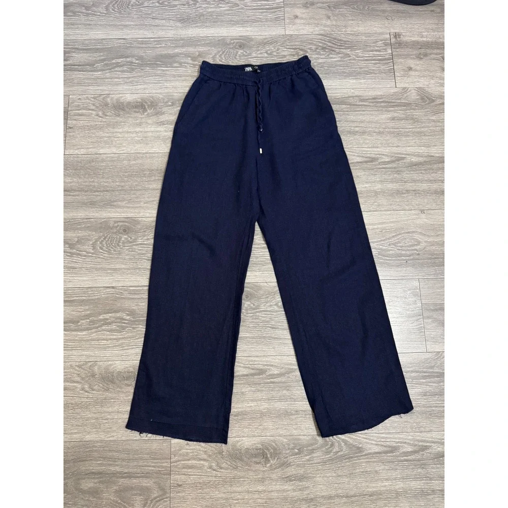 Zara Women Navy Blue Wide Leg Drawstring Elastic Waist Loose Fit Pants‎ Size S
